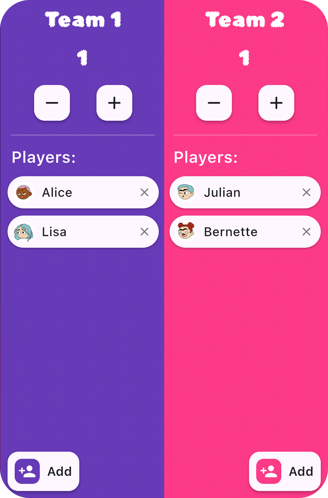 Add match screen with team scores and player rosters