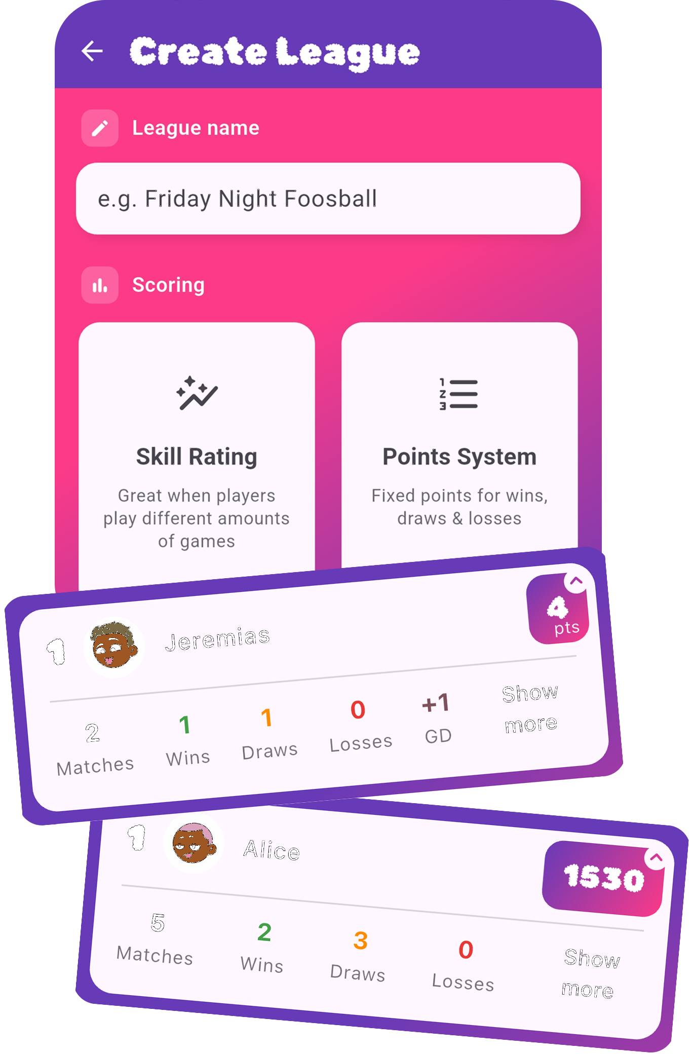 Create league screen with points and skill rating options