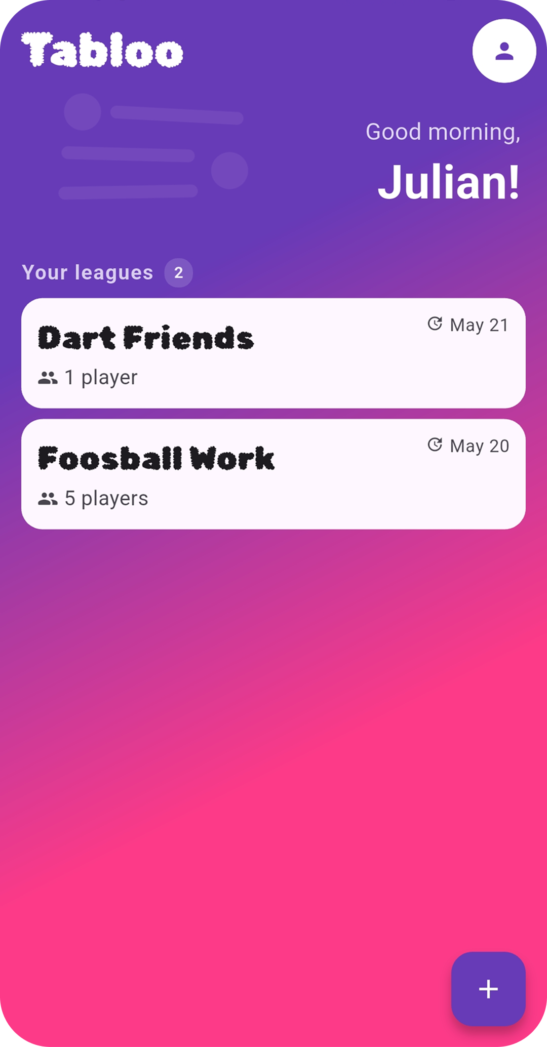 Tabloo home screen showing your leagues
