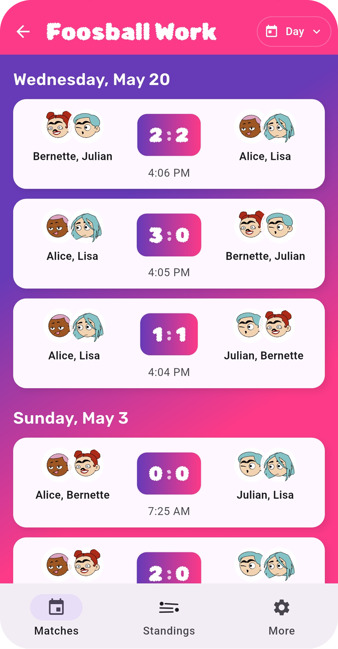 Match history list with scores and players